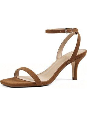 Women's Brown Kitten Low Heels Square Open Toe Ankle Strap Sandals Strappy Heels